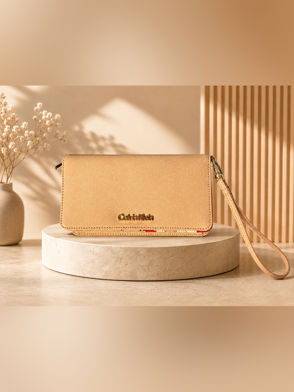 Calvin Klein Saffiano Snap Wallet Wristlet – Nude/Beige – NWT